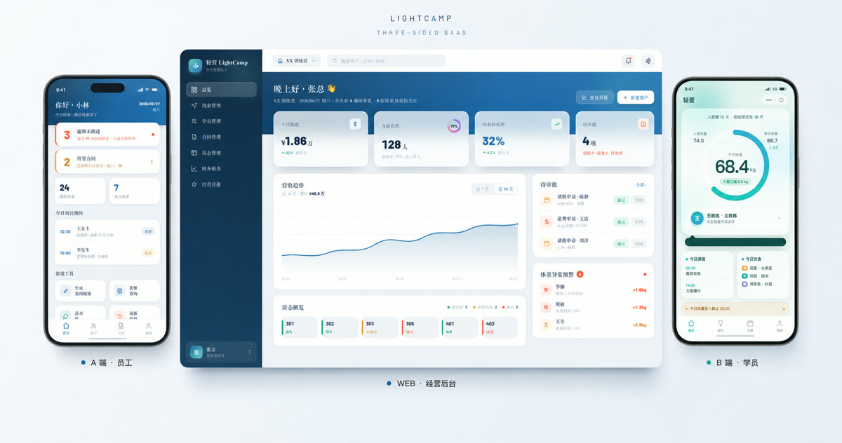 轻营 LightCamp · 员工端、经营后台与学员端三端 SaaS